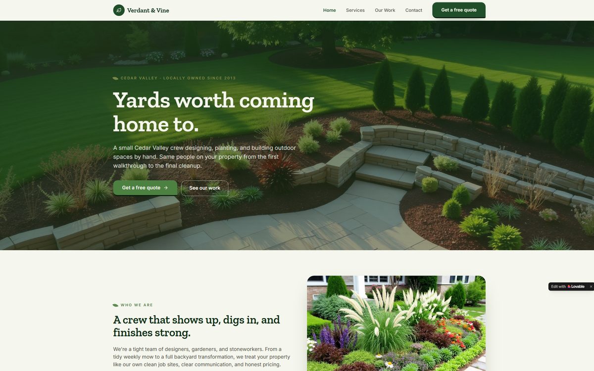 Verdant & Vine Landscaping homepage preview